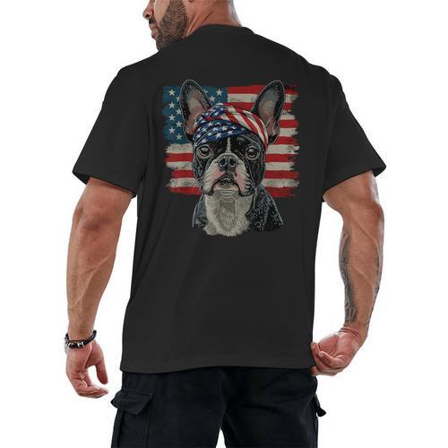 Boston Terrier Patriotic 4th Of July USA American Flag Men's Back Print T-Shirt - Bostonterriersmerch.com