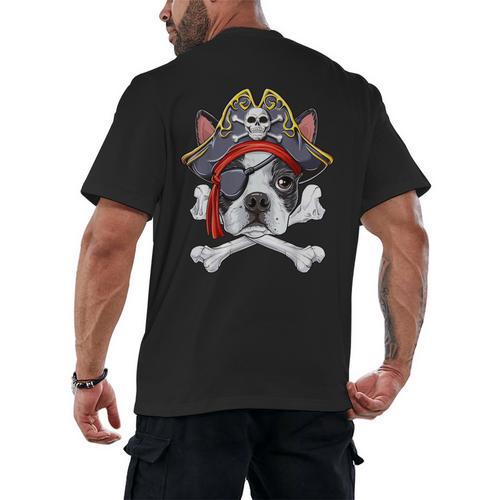 Boston Terrier Pirate T Shirt Jolly Roger Crossbones Skull Men's Back Print T-Shirt - Bostonterriersmerch.com