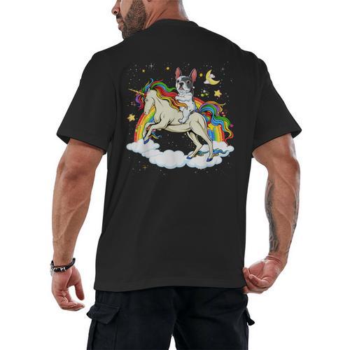 Boston Terrier Riding Unicorn Boys Girls Kids Rainbow Men's Back Print T-Shirt - Bostonterriersmerch.com