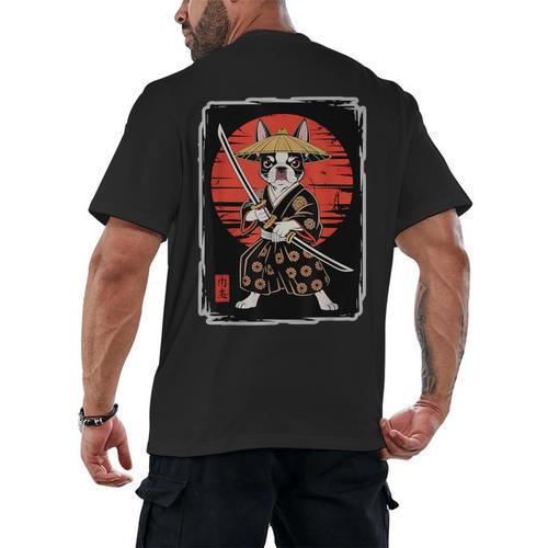 Boston Terrier Samurai Ninja Vintage Anime Japanese Ukiyo-e Men's Back Print T-Shirt - Bostonterriersmerch.com