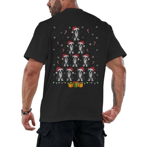 Boston Terrier Santa Hat Xmas Light Men Women Christmas Tree Men's Back Print T-Shirt - Bostonterriersmerch.com