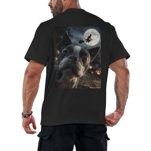 Boston Terrier Selfie Full Moon Flying Witch Halloween Dog Men's Back Print T-Shirt - Bostonterriersmerch.com AU