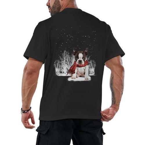 Boston Terrier In The Snow Merry Christmas Winter Men's Back Print T-Shirt - Bostonterriersmerch.com