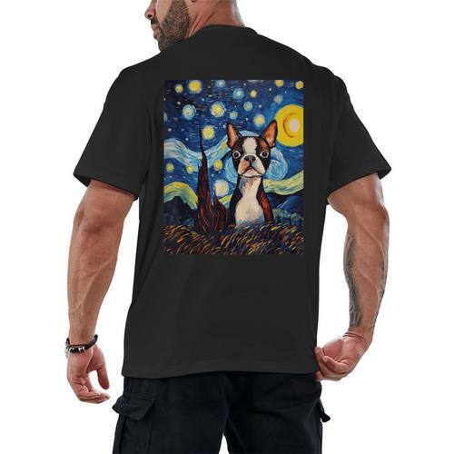Boston Terrier Starry Night Van Gogh Art Men's Back Print T-Shirt - Bostonterriersmerch.com