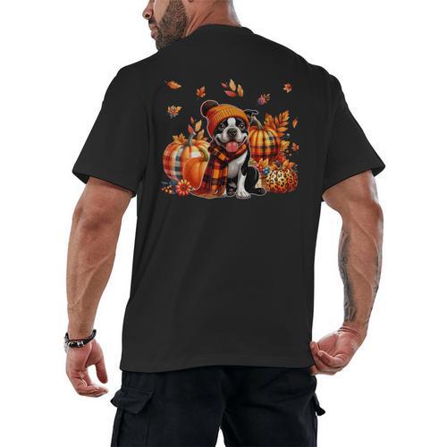 Boston Terrier Thanksgiving Leopard Pumpkins Fall Leaves Men's Back Print T-Shirt - Bostonterriersmerch.com