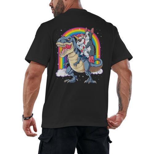 Boston Terrier Unicorn Riding Dinosaur T-Rex Girls Rainbow Men's Back Print T-Shirt - Bostonterriersmerch.com
