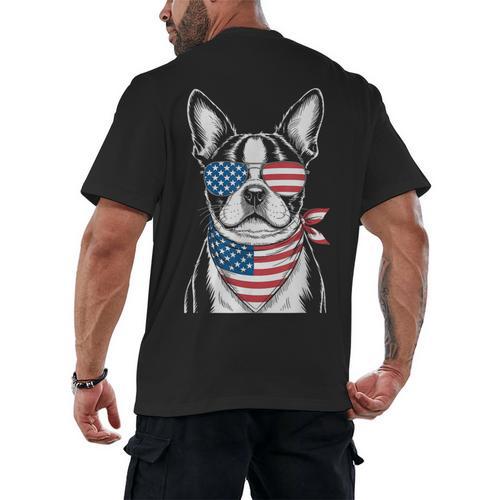 Boston Terrier USA Flag Sunglasses Patriotic 4th Of July Men's Back Print T-Shirt - Bostonterriersmerch.com
