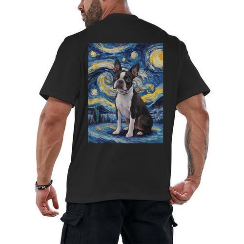 Boston Terrier Van Gogh Starry Night Men's Back Print T-Shirt - Bostonterriersmerch.com CA