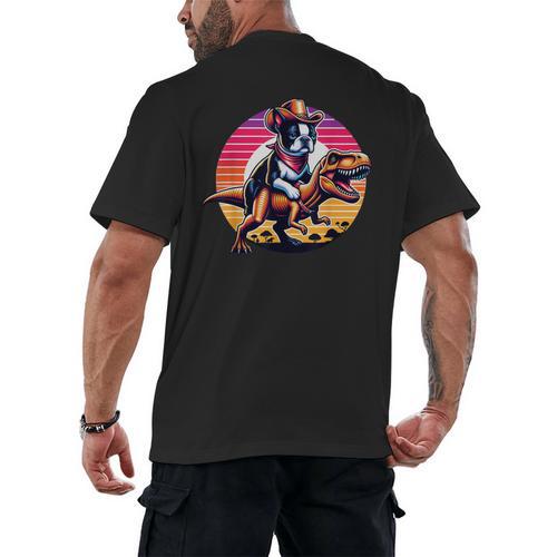 Boston Terrier Wearing A Cowboy Hat On T-Rex Men's Back Print T-Shirt - Bostonterriersmerch.com