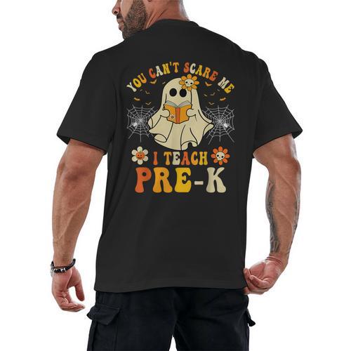 You Can't Scare Me I Teach Pre-K Halloween Teacher Ghost Men's Back Print T-Shirt - teacherstshirts.com
