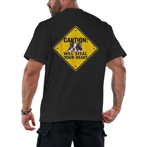 Caution Sign Boston Terrier Dog Bostie Puppy Men's Back Print T-Shirt - Bostonterriersmerch.com
