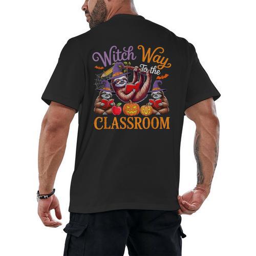 Way To Classroom Halloween Witch Three Cute Sloths Teacher Men's Back Print T-Shirt - teacherstshirts.com AU