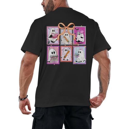Coquette Bow Spooky Teacher Ghost Halloween Trick Or Teach Men's Back Print T-Shirt - teacherstshirts.com AU