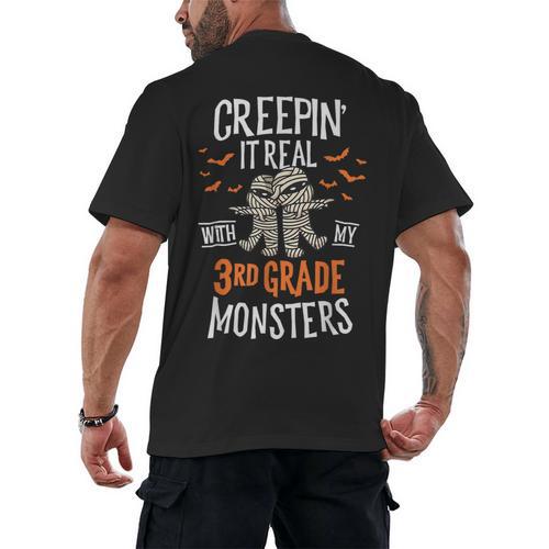 Creepin It Real With My 3rd Grade Monsters Halloween Teacher Men's Back Print T-Shirt - teacherstshirts.com DE