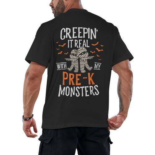 Creepin It Real Pre-K Monsters Halloween Preschool Teacher Men's Back Print T-Shirt - teacherstshirts.com AU