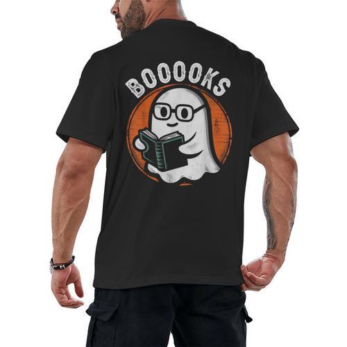 Cute Ghost Book Reading Books Lover Retro Halloween Teacher Men's Back Print T-Shirt - teacherstshirts.com DE