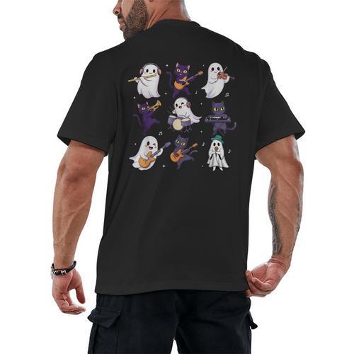 Cute Ghost Cat Playing Musical Halloween Music Teacher Men's Back Print T-Shirt - teacherstshirts.com DE