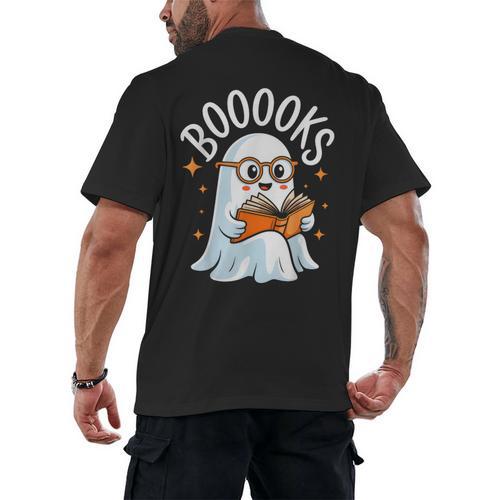 Cute Ghost Reading Book Librarian Teacher Halloween Costume Men's Back Print T-Shirt - teacherstshirts.com