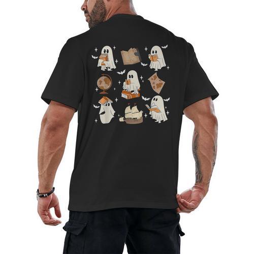 Cute Ghosts Reading Book Bookworm Halloween History Teacher Men's Back Print T-Shirt - teacherstshirts.com AU