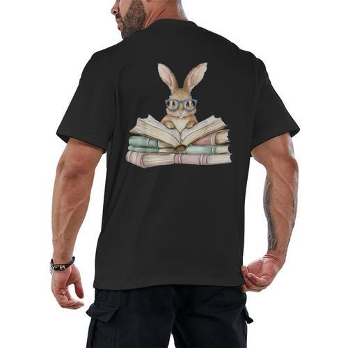 Cute Reading Bunny Glasses Books Bookworm Reader Teacher Men's Back Print T-Shirt - teacherstshirts.com