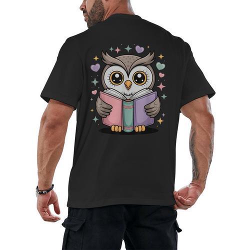 Cute Reading Owl Book Lover Teacher Librarian Bookworm Men's Back Print T-Shirt - teacherstshirts.com
