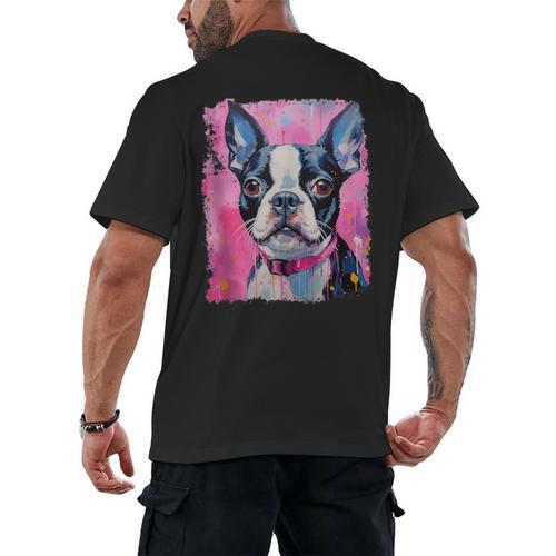 Dog Pink Boston Terrier Men's Back Print T-Shirt - Bostonterriersmerch.com UK