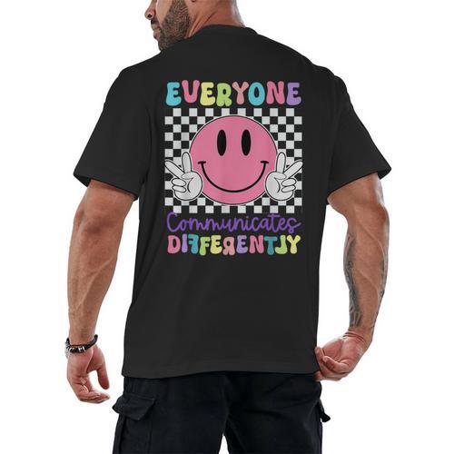 Everyone Communicates Differently Autism Awareness Teacher Men's Back Print T-Shirt - teacherstshirts.com DE