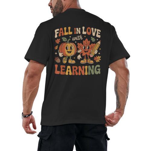 Fall In Love With Learning Retro Autumn Thanksgiving Teacher Men's Back Print T-Shirt - teacherstshirts.com AU