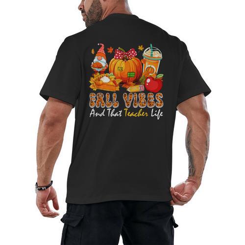 Fall Vibes Costume Teacher Thanksgiving Leopard Gnome Men's Back Print T-Shirt - teacherstshirts.com UK