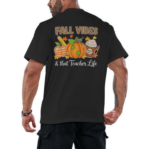Fall Vibes And That Teacher Life Autumn Thanksgiving Men's Back Print T-Shirt - teacherstshirts.com AU