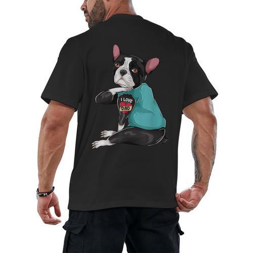 Father's Day Gift Dog Dad Boston Terrier i Love Dad Tattoo Men's Back Print T-Shirt - Bostonterriersmerch.com
