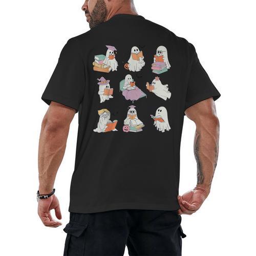 Ghost Book Reading Halloween Books Lover Teacher Kids Men's Back Print T-Shirt - teacherstshirts.com AU