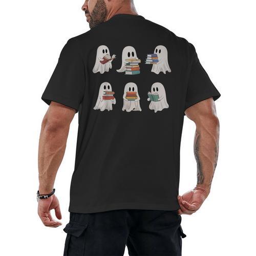 Ghost Reading Books Teacher Halloween Librarian Cute Boook Men's Back Print T-Shirt - teacherstshirts.com UK