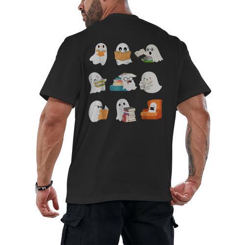 Ghost Reading Teacher Halloween Librarian Book Lover School Men's Back Print T-Shirt - teacherstshirts.com