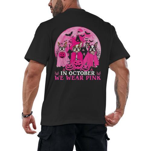 Ghost And Witch Boston Terrier Dog In October We Wear Pink Men's Back Print T-Shirt - Bostonterriersmerch.com
