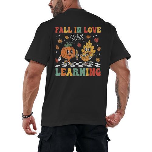 Groovy Fall In Love With Learning Autumn Pumpkin Teacher Men's Back Print T-Shirt - teacherstshirts.com UK