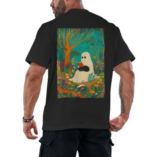 Groovy Ghost Reading Book Cat Halloween Ghost Teacher Men's Back Print T-Shirt - teacherstshirts.com DE