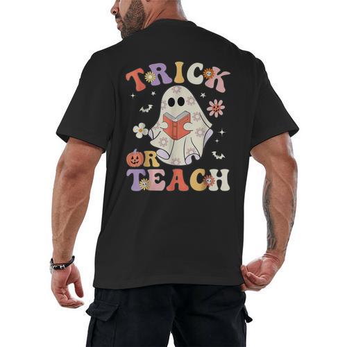 Groovy Halloween Trick Or Teach Retro Floral Ghost Teacher Men's Back Print T-Shirt - teacherstshirts.com CA