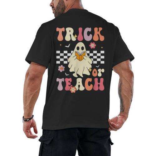 Groovy Teacher Halloween Retro Trick Or Teach Floral Ghost Men's Back Print T-Shirt - teacherstshirts.com AU