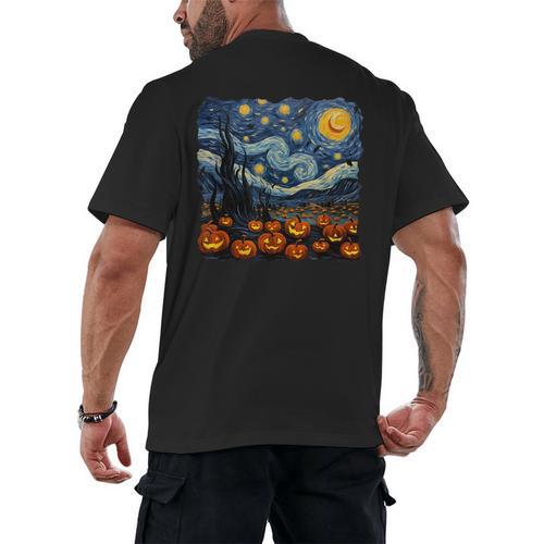 Halloween Pumpkin Starry Night Van Gogh Art Teacher Men's Back Print T-Shirt - teacherstshirts.com DE