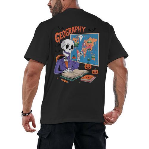 Halloween Skeleton Geography Teacher Pumpkin Bats Classroom Men's Back Print T-Shirt - teacherstshirts.com