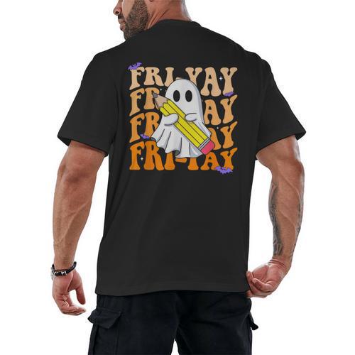 Happy Fri-Yay Friday Lovers Groovy Teacher Life Halloween Men's Back Print T-Shirt - teacherstshirts.com