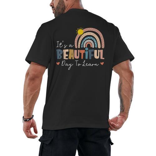 It's A Beautiful Day To Learn Cute Rainbow Boho Teacher Men's Back Print T-Shirt - teacherstshirts.com