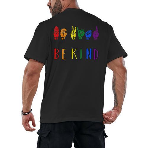 Be Kind Pride Sign Language Rainbow Teachers Interpreter ASL Men's Back Print T-Shirt - teacherstshirts.com UK