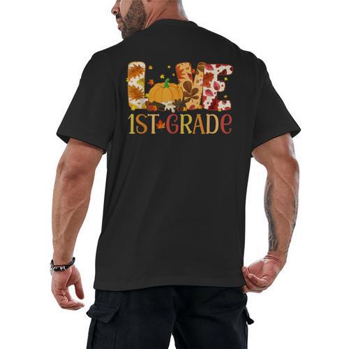 Love First Grade Happy Fall Thanksgiving Women 1st Teacher Men's Back Print T-Shirt - teacherstshirts.com