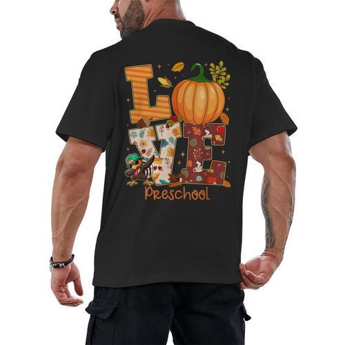 Love Preschool Teacher Turkey Thanksgiving Autumn Fall Men's Back Print T-Shirt - teacherstshirts.com AU