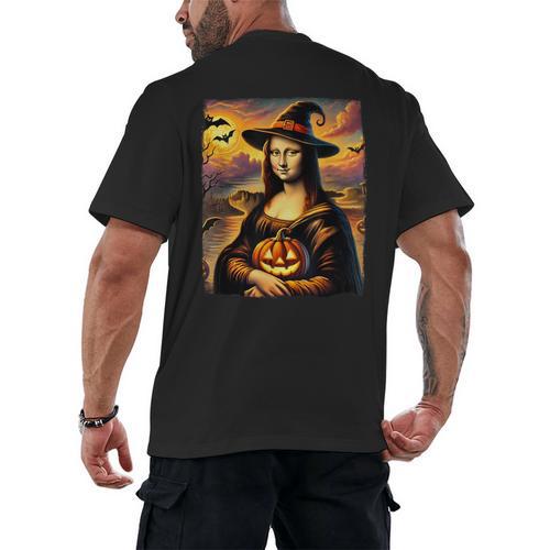 Mona Lisa Pumpkin Halloween Art Teacher Witchy Women Kids Men's Back Print T-Shirt - teacherstshirts.com CA