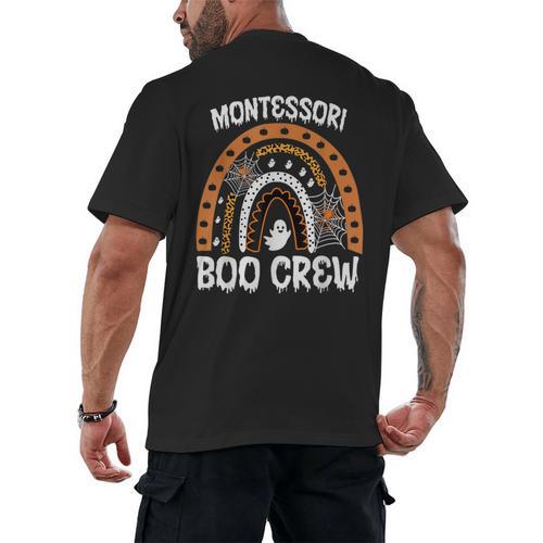 Montessori Teacher Halloween Boo Rainbow Leopard Halloween Men's Back Print T-Shirt - teacherstshirts.com