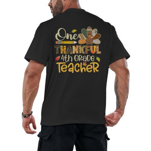 One Thankful 4th Grade Teacher Turkey Leopard Thanksgiving Men's Back Print T-Shirt - teacherstshirts.com DE