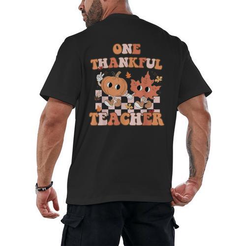 One Thankful Teacher Fall Leaves Thanksgiving Retro Men's Back Print T-Shirt - teacherstshirts.com UK